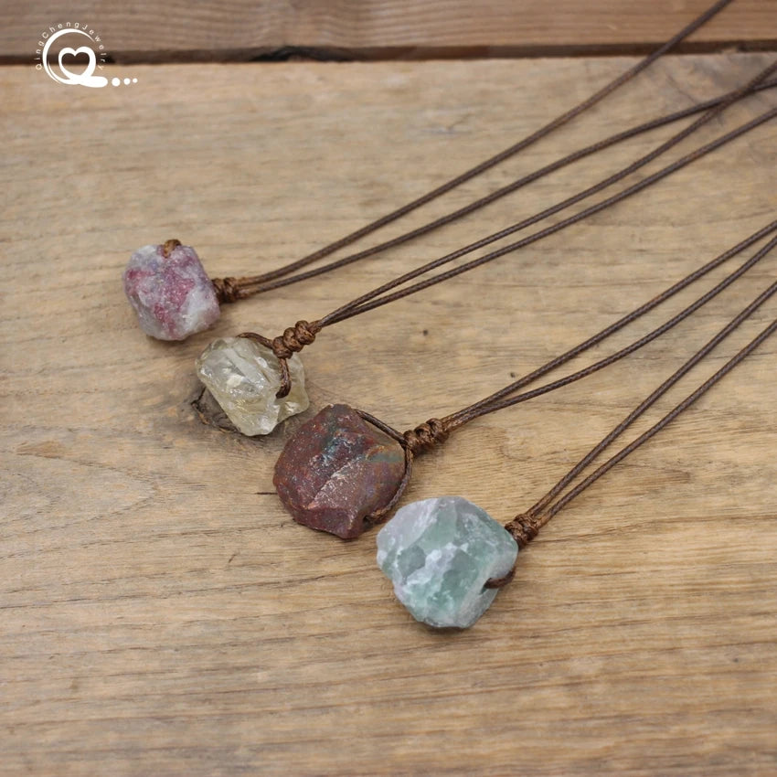 Healing Reiki Raw Stone Mineral Pendants Necklace,Natural Crystal Fluorite Rose Quartzs Tourmaline Agates Apatite Jewelry,QC3014