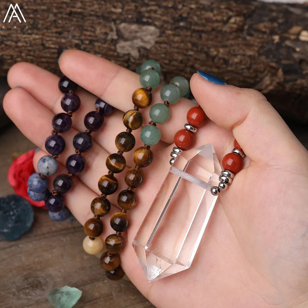 Natural White Quartz Double Stick Point Pendant 8mm Round Multi Stone Chakra Healing Beads Cord Knotted Mala Necklace Jewelry
