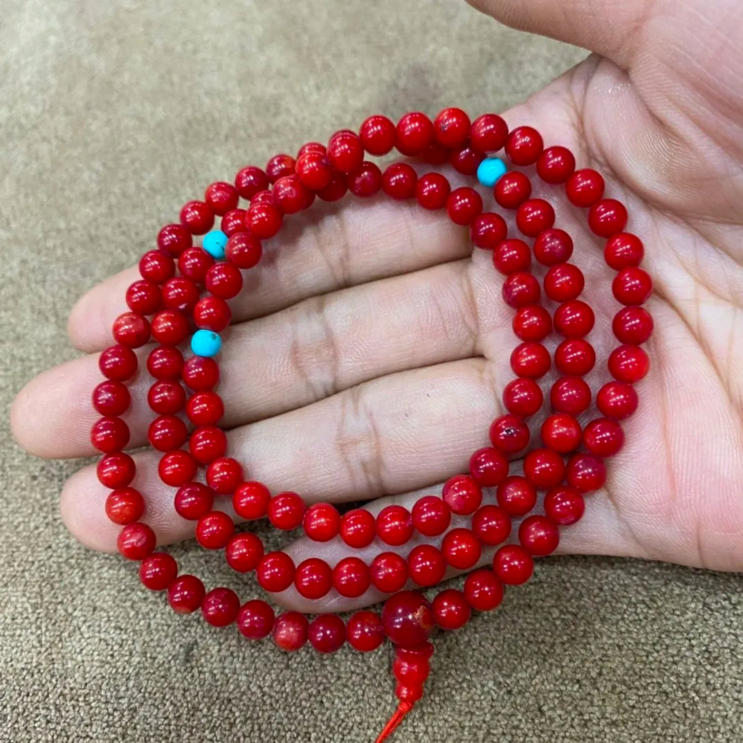 Natural Red Coral Bracelet Mala Necklace 108 Beads Handmade Multilayer Tassel Charm Chakra Healing Gemstone Handmade