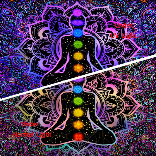 Boho Indian Buddha Statue Meditation Uv Reactive Tapestry Mandala Tapestries Wall Cloth Psychedelic Yoga Chakra Wall Hanging