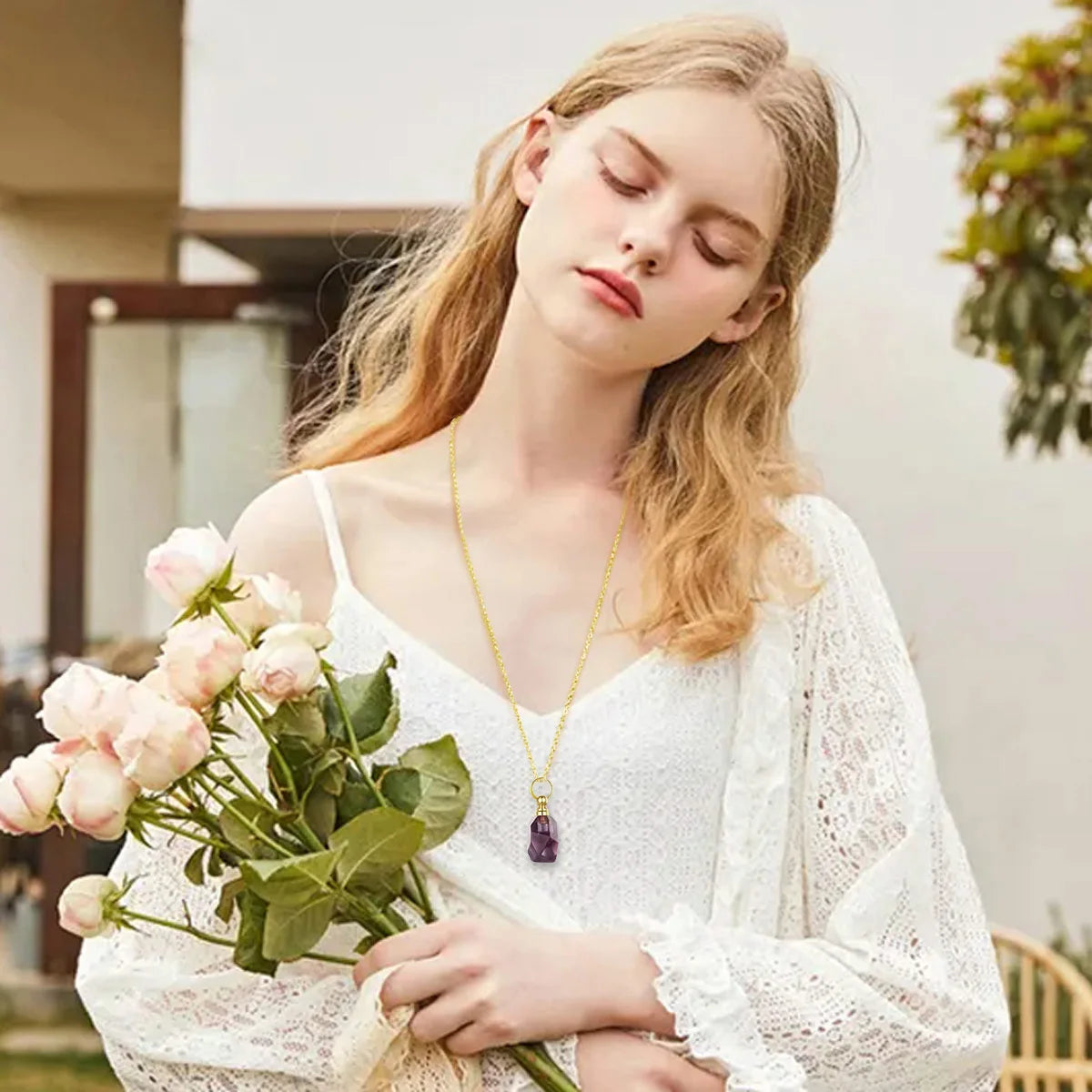 Eudora Irregular Amethyst Stone Necklace Essential Oil Diffuse Pendant Long Chain Jewelry Healing Gift For Girlfriend HSD037