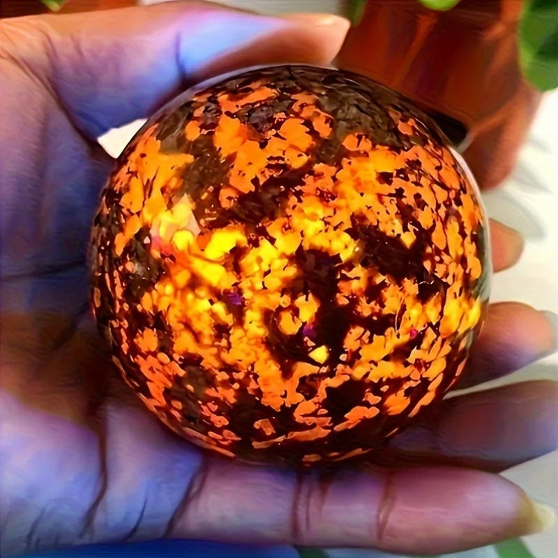 Natural Flamestone Crystal Ball Ornament - UV Reactive Yooperlite Sodalite Sphere - Handcrafted Polished for Home DecoMeditation