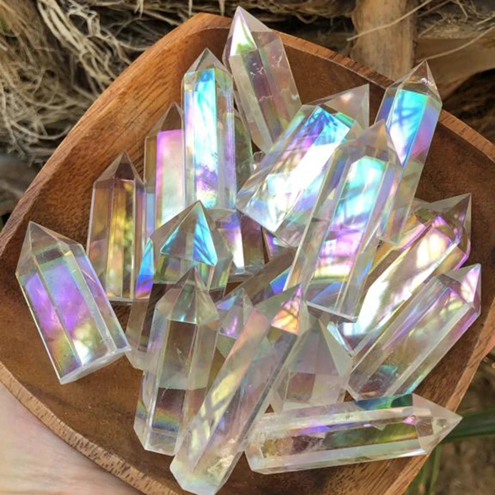 Natural Clear Quartz Aura Crystal Crafts Rainbow Ornaments Electroplating Rainbow Wand Point, White Gem Healing Home Decoration