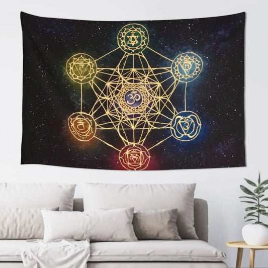 Sacred Geometry - Metatron's Cube with Chakras Tapestry Cute Room Things Decorative Wall Mural Tapestry