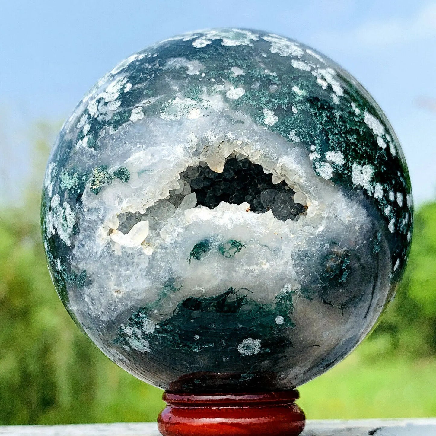 Natural Moss Agate Crystal Quartz Sphere, Rock Mineral, Reiki Healing
