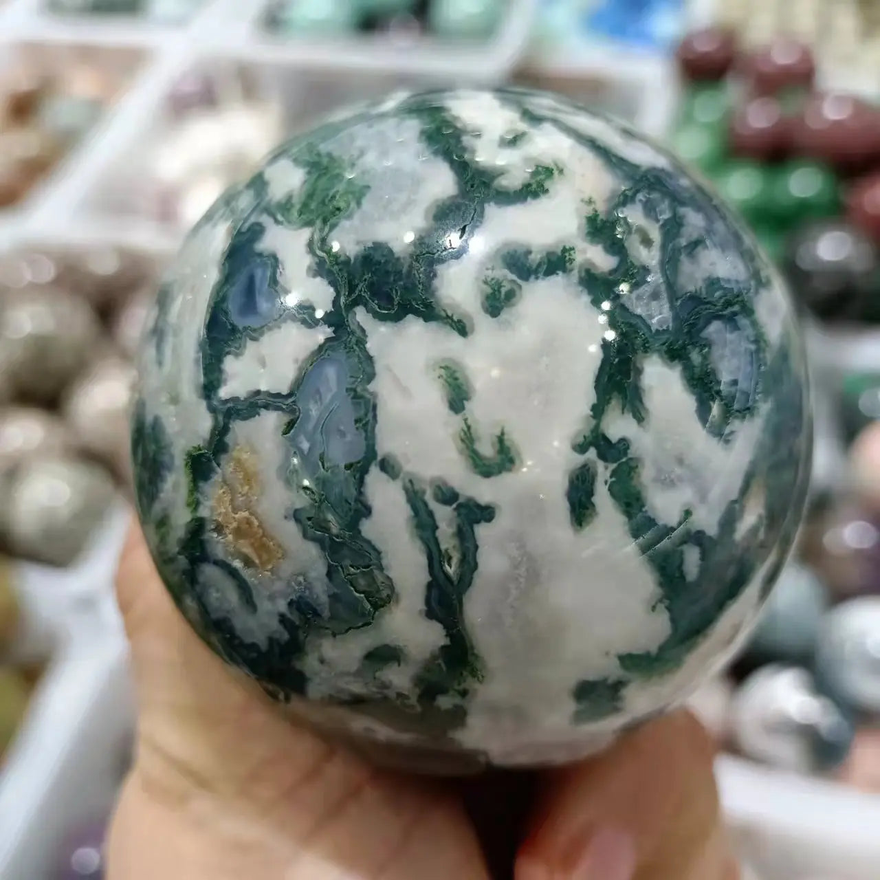 Natural Moss Agate Crystal Quartz Sphere, Rock Mineral, Reiki Healing