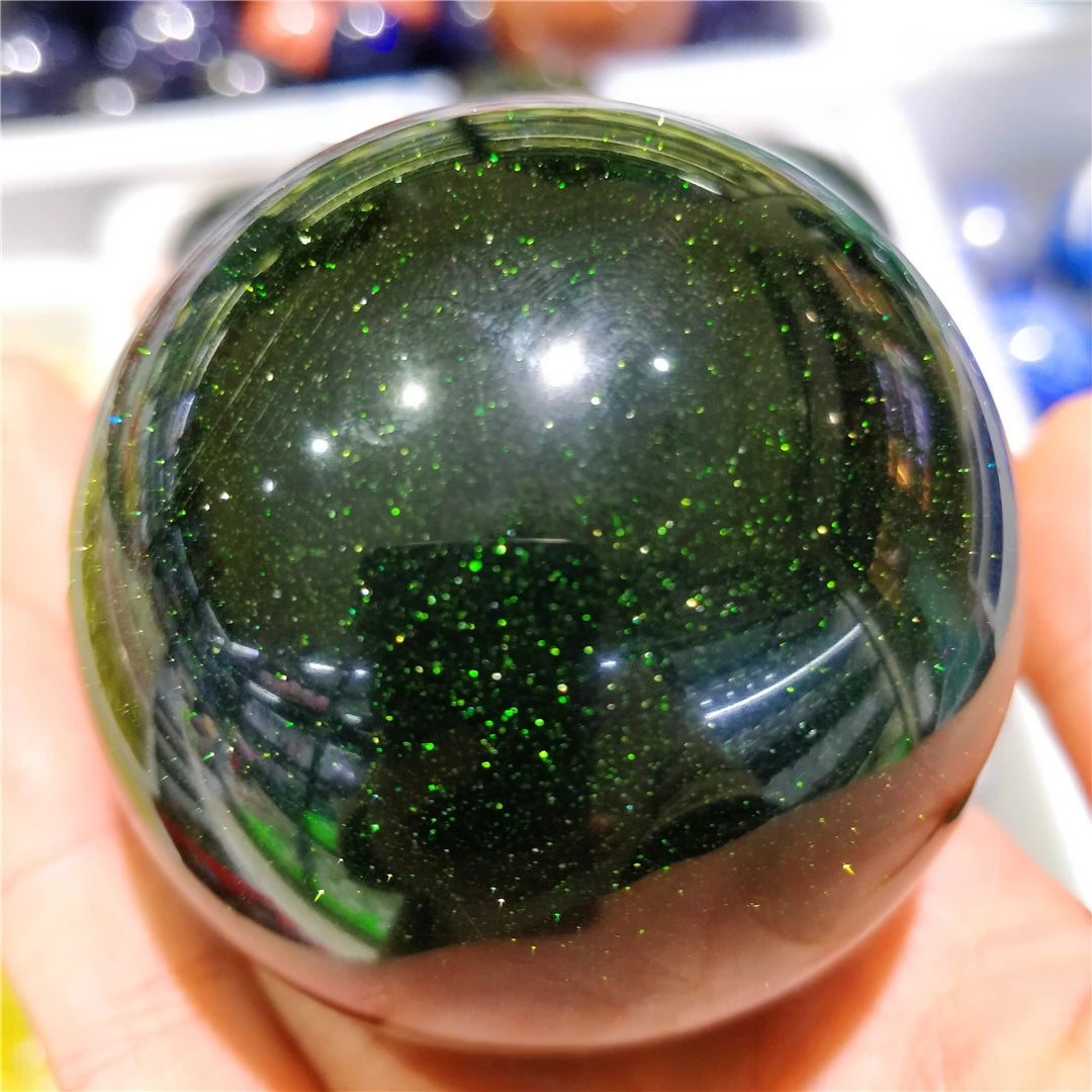 6-9CM Natural Green Golden Sandstone Balls Goldstone Quartz Crystal Sphere Reiki Flashing Gemstone Decorations For The Room