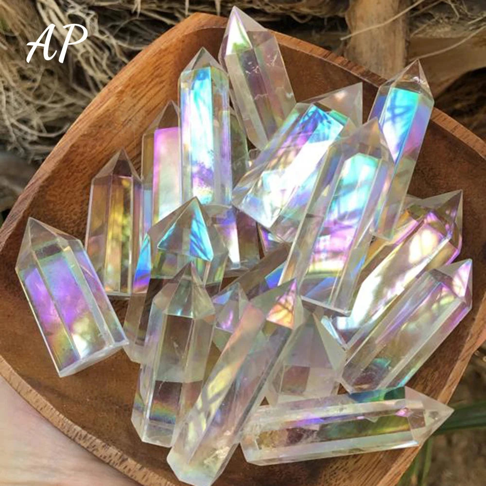 Natural Clear Quartz Aura Crystal Crafts Rainbow Ornaments Electroplating Rainbow Wand Point, White Gem Healing Home Decoration