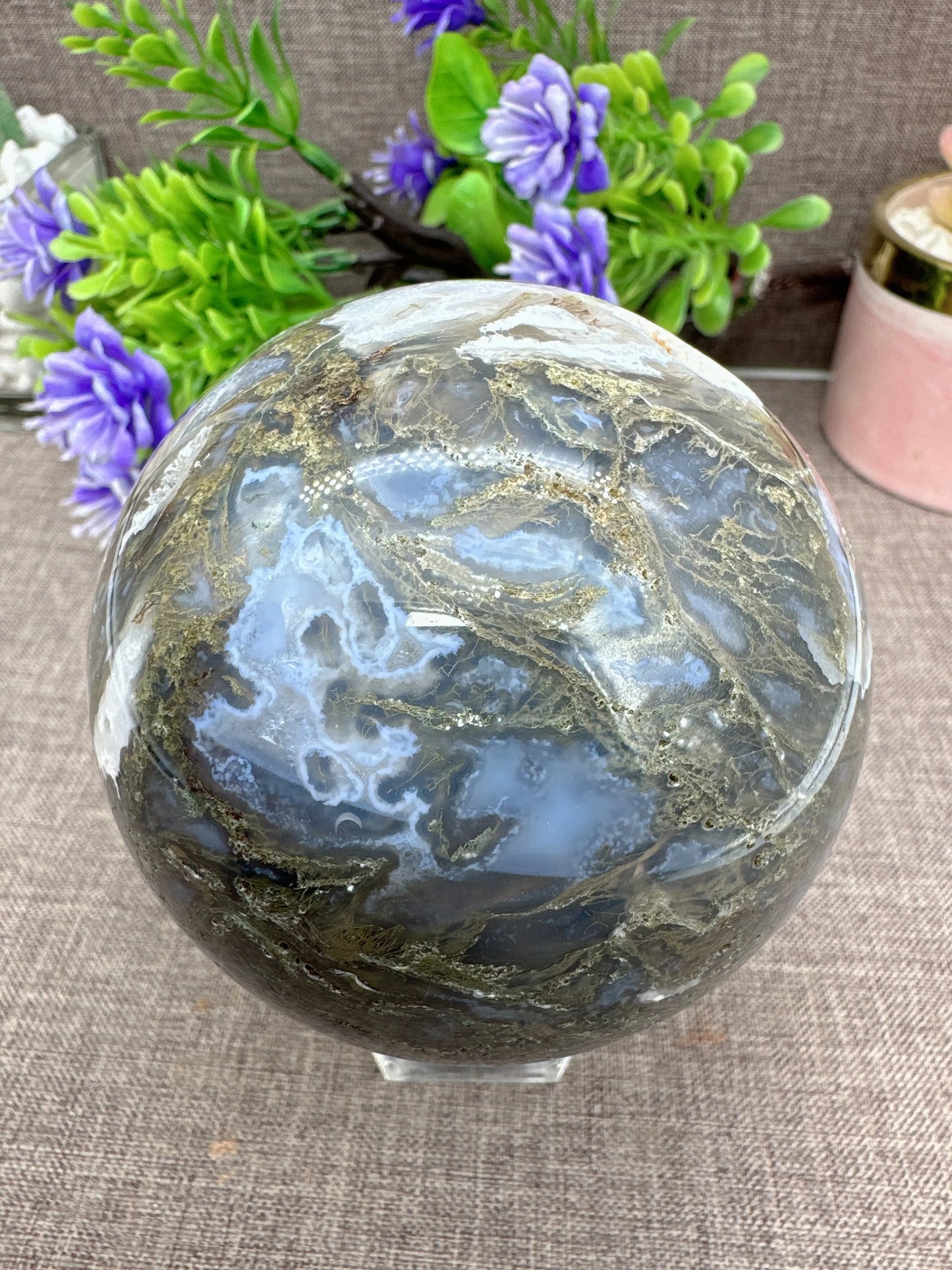 Natural Moss Agate Sphere Druzy Ball Crystal Stone Natural Quartz Healing Stone Reiki Minerals Beauty Home Decoration+Stand
