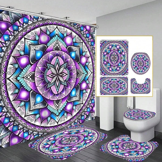 4PCS Bohemian Shower Curtain Sets, Purple Mandala Printed Bathroom Shower Curtains, Bath Mat, Toilet Lid Rug