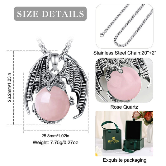 Eudora Dragon Rose Quartz Ball Necklace Punk Energy Natural Healing Stone Crystal Pendant Spiritual Jewelry for Women Man Gift