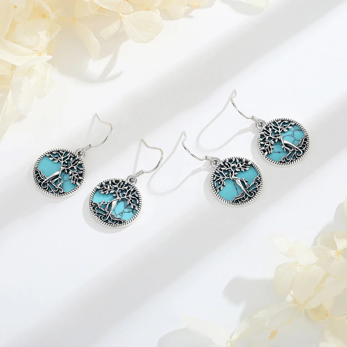 Eudora 925 Sterling Silver Tree of Life Earrings Turquoise Mother and Two Child Earrings Fine Jewelry Gift for Women Mom Girl