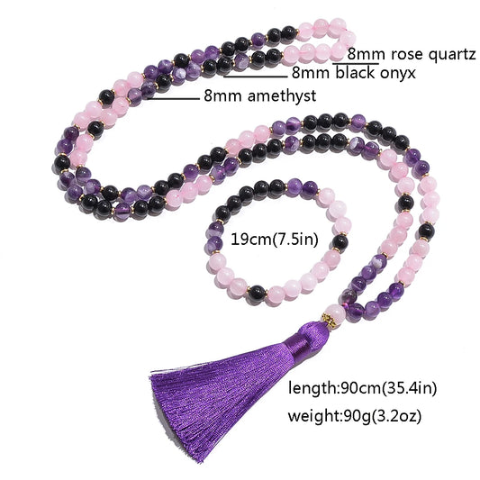8mm Natural Amethyst Black Onyx Rose Quartz Beads 108 Mala Necklace Meditation Yoga Prayer Jewelry Japamala Rosary Set for Women
