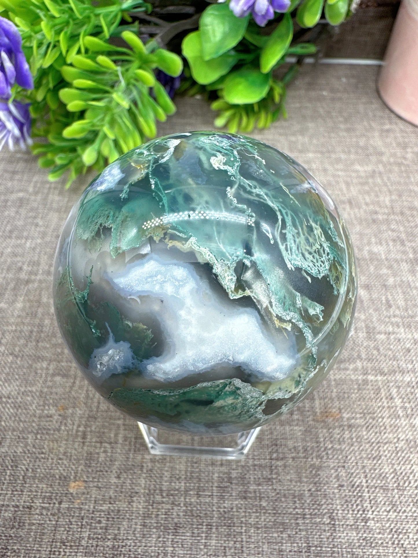 Natural Moss Agate Sphere Druzy Ball Crystal Stone Natural Quartz Healing Stone Reiki Minerals Beauty Home Decoration+Stand