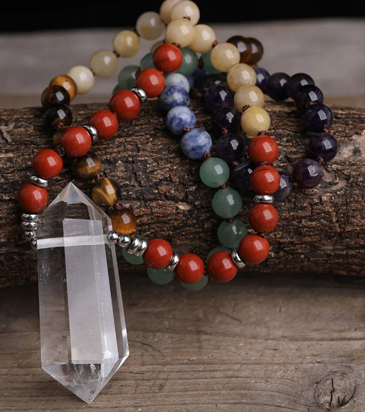 Natural White Quartz Double Stick Point Pendant 8mm Round Multi Stone Chakra Healing Beads Cord Knotted Mala Necklace Jewelry