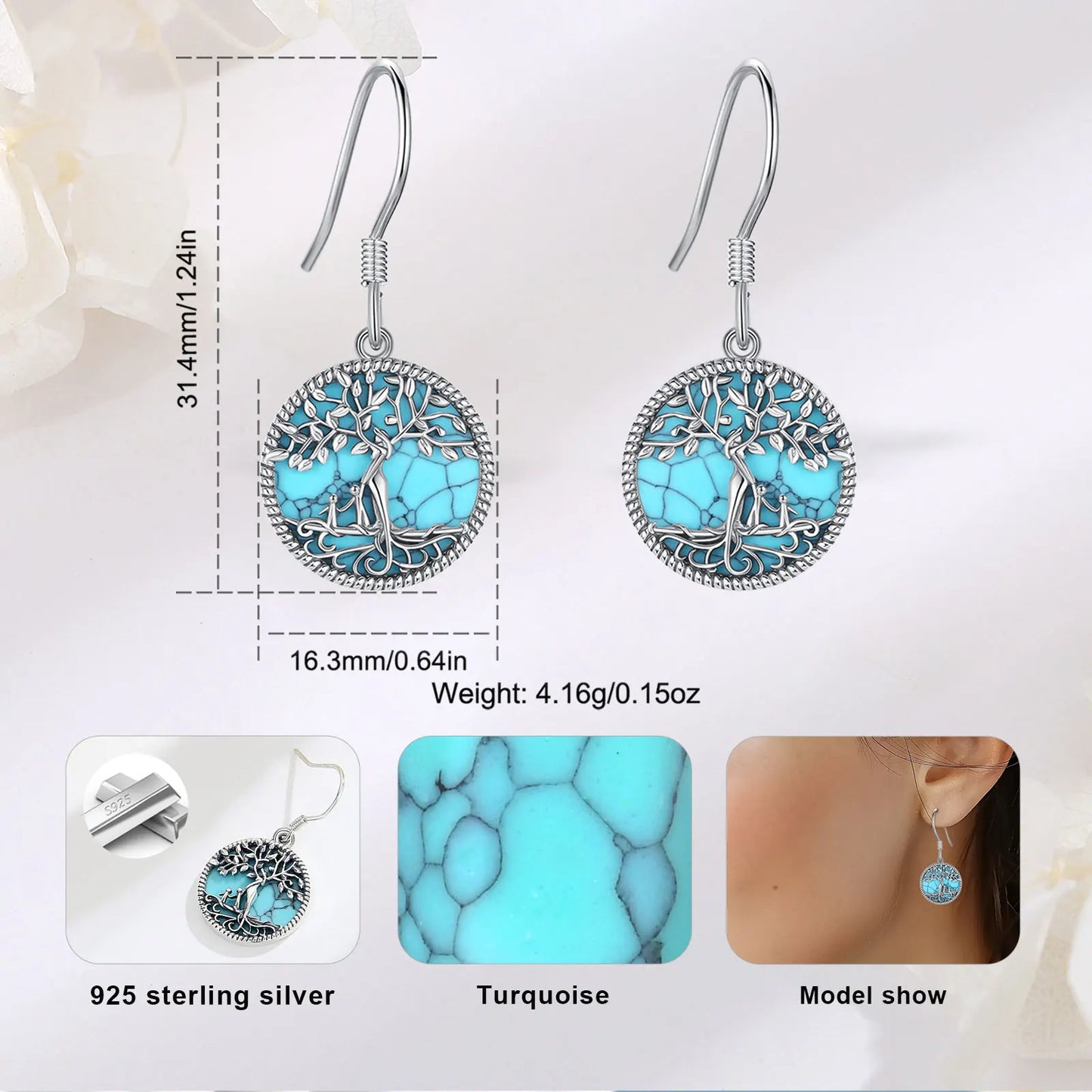 Eudora 925 Sterling Silver Tree of Life Earrings Turquoise Mother and Two Child Earrings Fine Jewelry Gift for Women Mom Girl