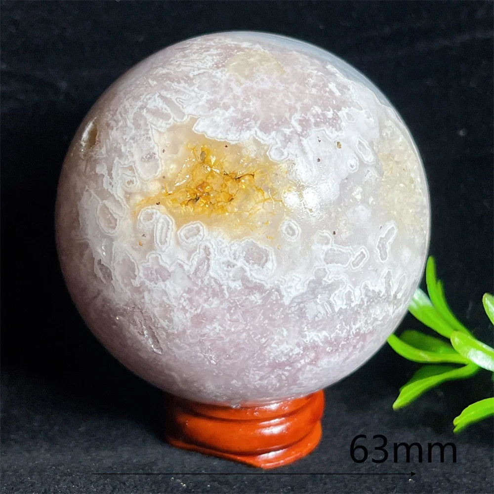 Crystal Natural Pink Amethyst Flower Agate Sphere Ball Stone Quartz Gemstone Mineral Polished Home Gem Decoration Geode +Stand