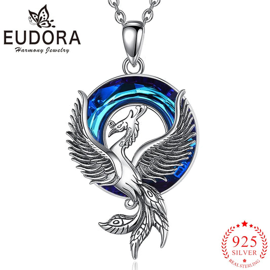 Eudora 925 Sterling Silver Phoenix Necklace Luxury Crystal  Annulus Statement Pendant Men Women Fashion Jewelry Beautiful Gift