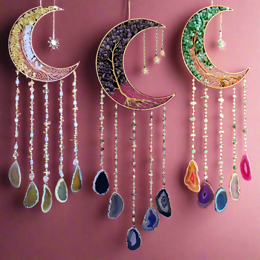 Agate Dream Catcher Natural 7 Chakra Color Gemstone Garden Living Room Decoration Wind Chime Wall Decor Moon Gem Dream Catcher