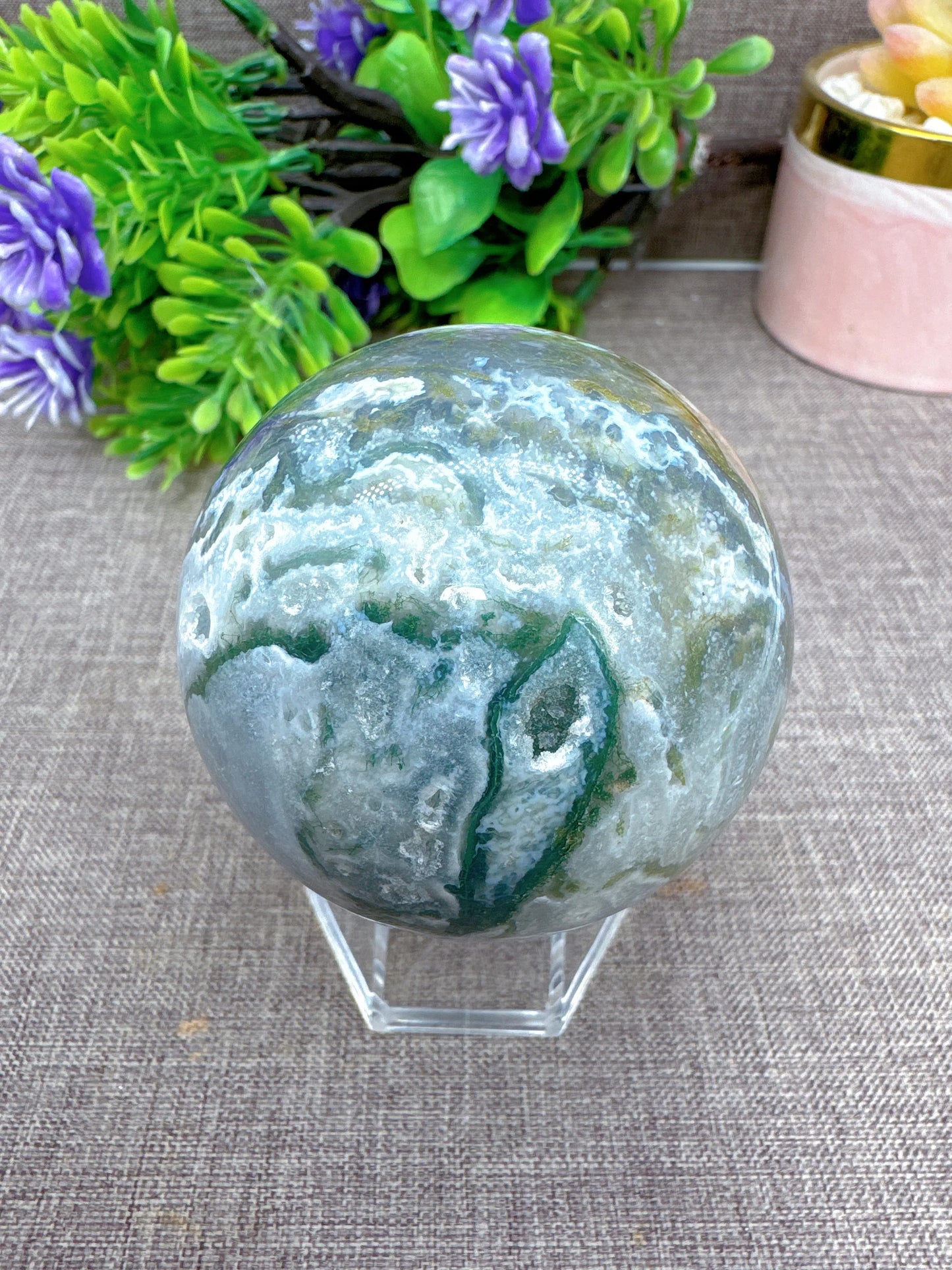 Natural Moss Agate Sphere Druzy Ball Crystal Stone Natural Quartz Healing Stone Reiki Minerals Beauty Home Decoration+Stand