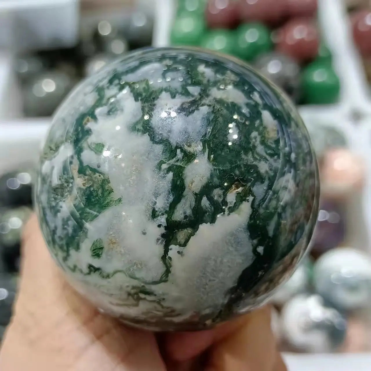 Natural Moss Agate Crystal Quartz Sphere, Rock Mineral, Reiki Healing