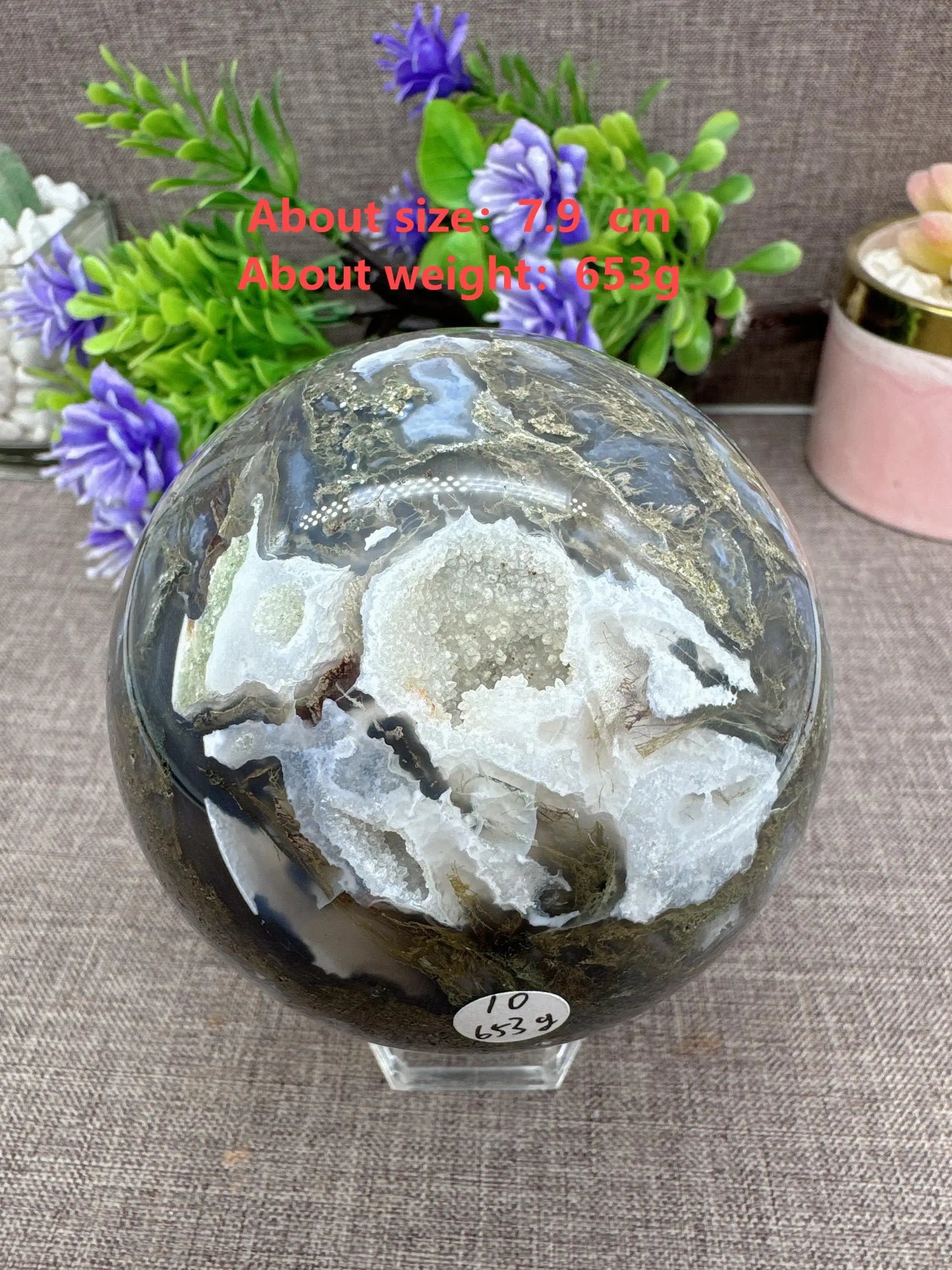 Natural Moss Agate Sphere Druzy Ball Crystal Stone Natural Quartz Healing Stone Reiki Minerals Beauty Home Decoration+Stand