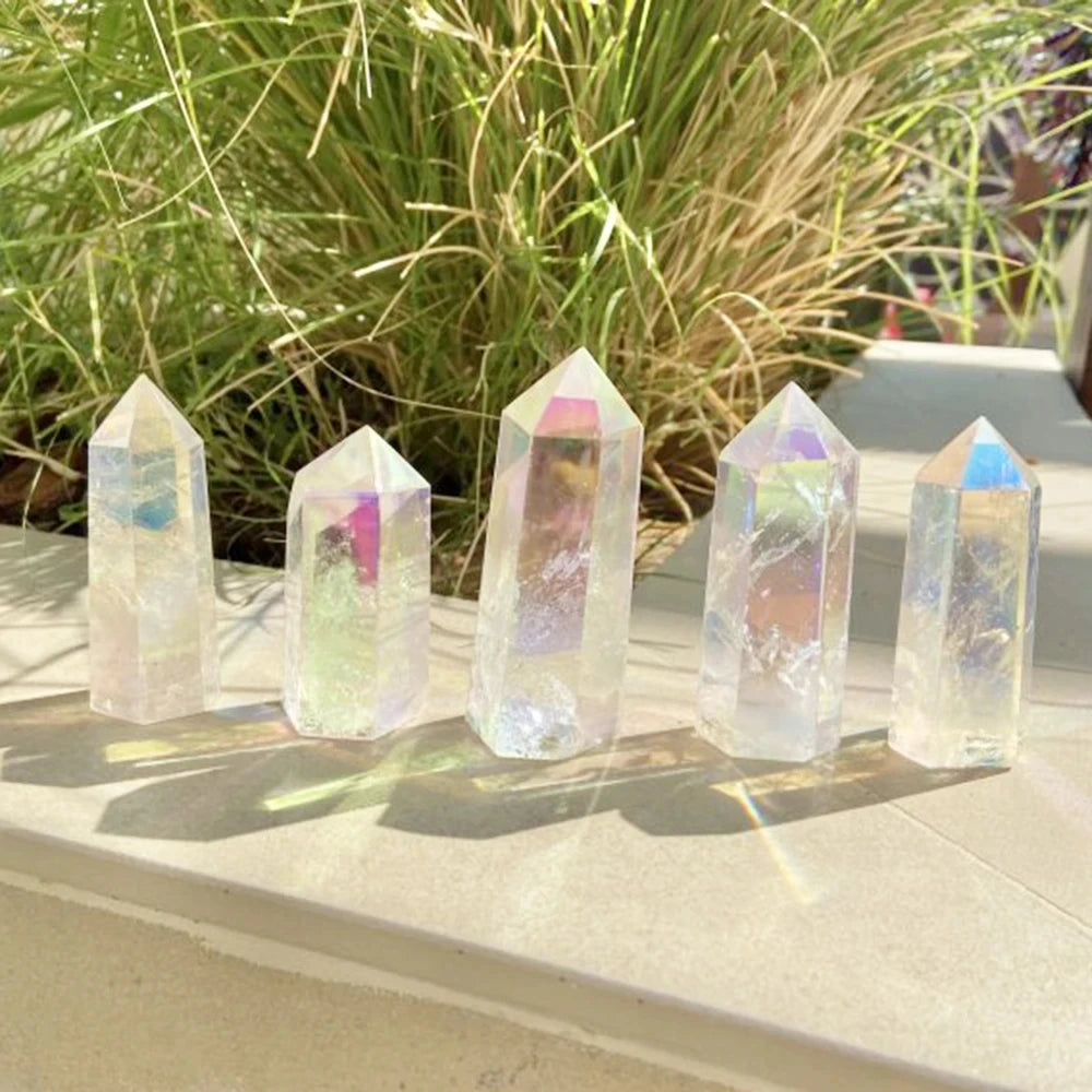 Natural Clear Quartz Aura Crystal Crafts Rainbow Ornaments Electroplating Rainbow Wand Point, White Gem Healing Home Decoration