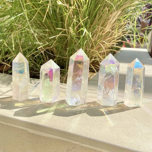 Natural Clear Quartz Aura Crystal Crafts Rainbow Ornaments Electroplating Rainbow Wand Point, White Gem Healing Home Decoration