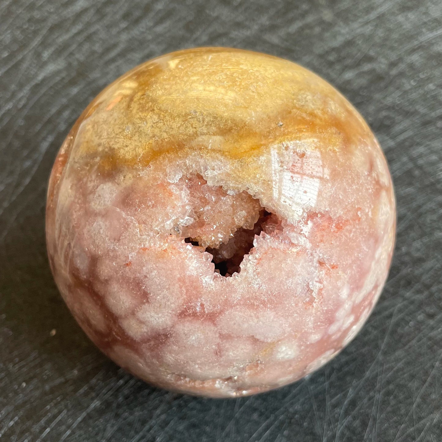 898g Natural Amethyst Cluster Pink Sakura Agate Sphere Open Tooth Ball Decoration Polished Quartz Sphere Reiki Healing