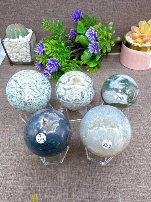 Natural Moss Agate Sphere Druzy Ball Crystal Stone Natural Quartz Healing Stone Reiki Minerals Beauty Home Decoration+Stand