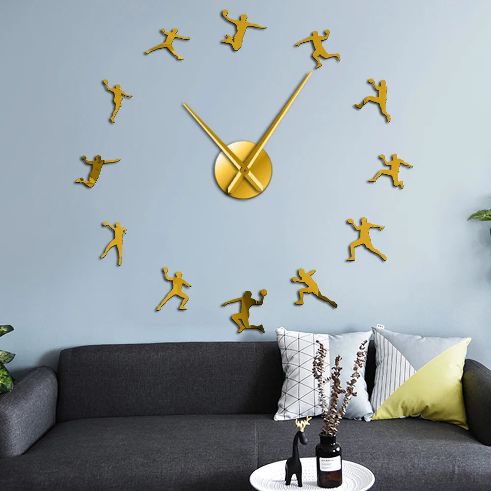 Handball Players Acrylic Silhouette Mirror Stickers DIY Wall Art Giant Wall Clock Teenager Room Sport Decor Handball Coach Gift