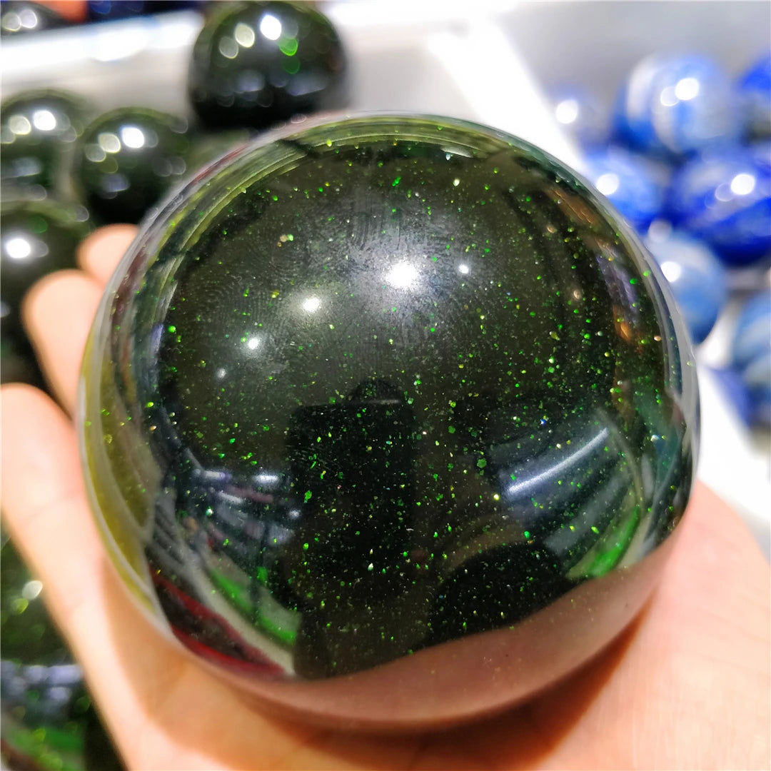 6-9CM Natural Green Golden Sandstone Balls Goldstone Quartz Crystal Sphere Reiki Flashing Gemstone Decorations For The Room