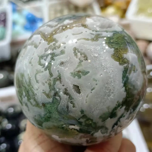 Natural Moss Agate Crystal Quartz Sphere, Rock Mineral, Reiki Healing