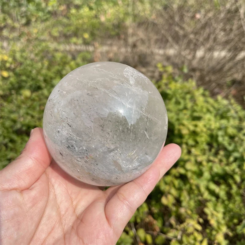 88mm NATURAL RAINBOW CLEAR QUARTZ BLACK  TOURMALINE CRYSTAL SPHERE BALL HEALING GEMSTONE 975g